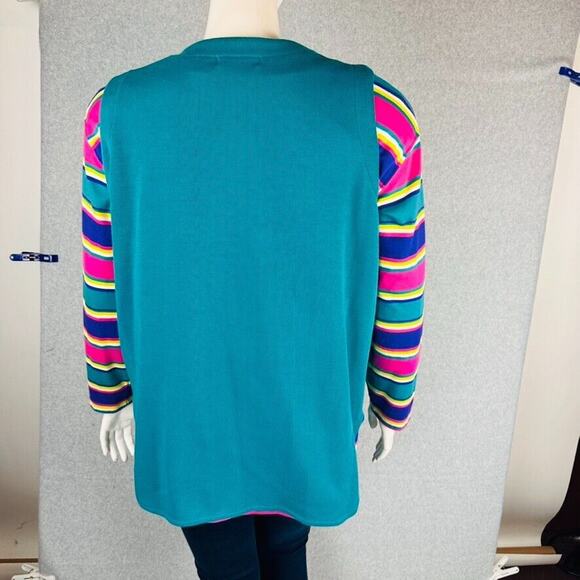 VTG Kathy White Sport Womans 1X Cardigan Shirt Music Stripes Ballon Teal Teacher - Picture 12 of 12